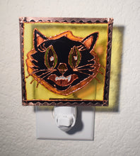Load image into Gallery viewer, Painted Glass Halloween Cat Nightlight (yellow background)