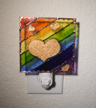 Load image into Gallery viewer, Painted Glass Nightlight - Rainbow Love (Gold Hearts)