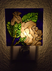 Painted Glass Nightlight - White Roses (Cobalt Blue Background)