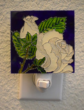 Load image into Gallery viewer, Painted Glass Nightlight - White Roses (Cobalt Blue Background)