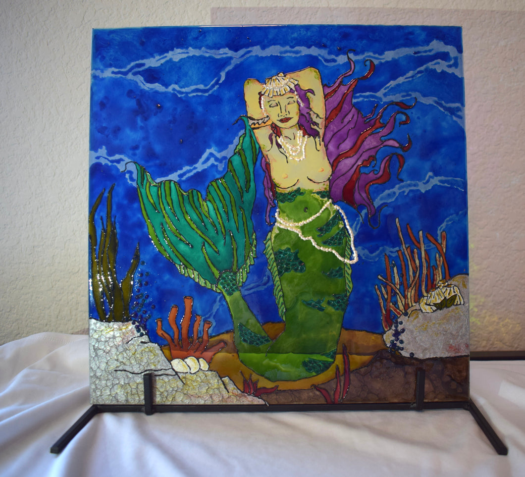 Large Glass Painting - Mermaid with Pearls
