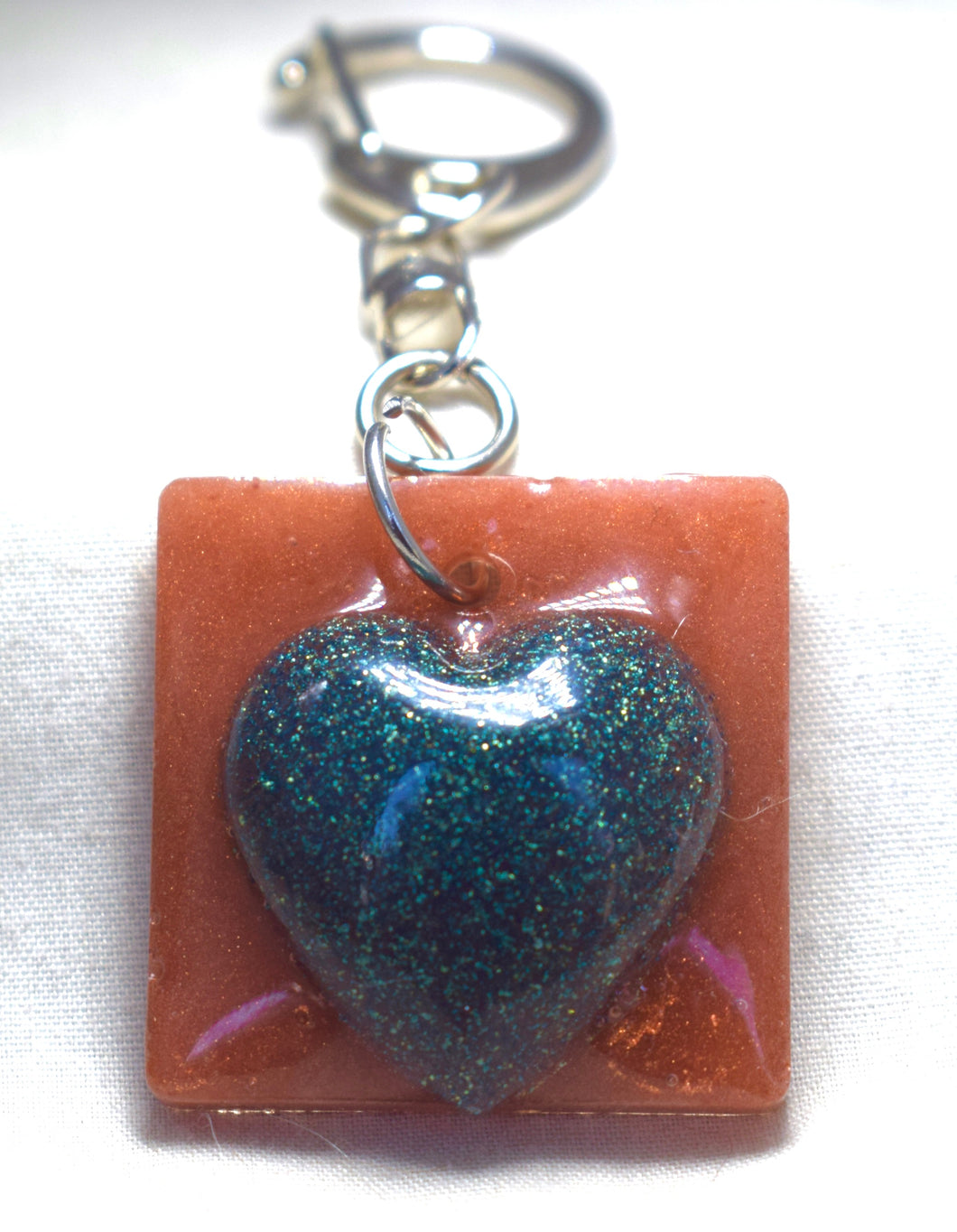 Affirmation Heart Keychain - Beautiful (teal and copper)
