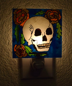 Painted Glass Nightlight - Skull and Marigolds