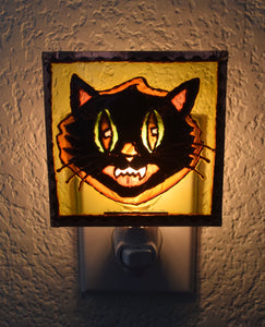 Painted Glass Halloween Cat Nightlight (yellow background)