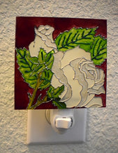Load image into Gallery viewer, Painted Glass Nightlight - White Roses (Burgundy Background)