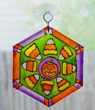 Load image into Gallery viewer, Small Painted Glass Suncatcher-Candy Corn Mandala