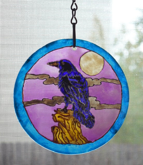 Large Painted Glass Suncatcher - Raven