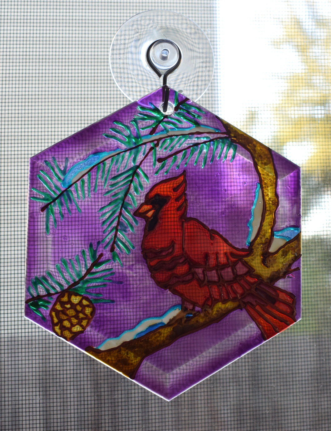 Small Painted Glass Suncatcher - Winter Cardinal