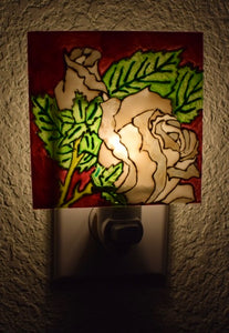 Painted Glass Nightlight - White Roses (Burgundy Background)