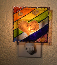 Load image into Gallery viewer, Painted Glass Nightlight - Rainbow Love (Gold Hearts)
