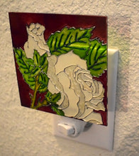Load image into Gallery viewer, Painted Glass Nightlight - White Roses (Burgundy Background)