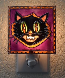 Painted Glass Nightlight - Halloween Cat (purple background)